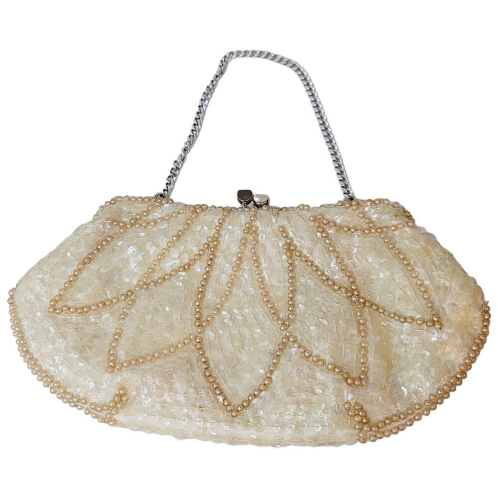 Vtg White Gold Beaded La Regale Elegant Evening Bridal Costume Purse Clutch Bag